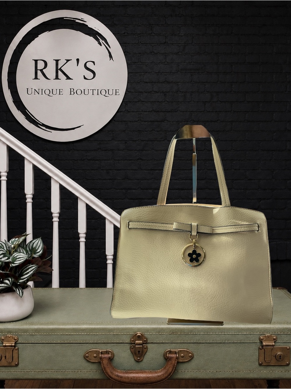 Cream Tote Bag with Charm and Gold Accents